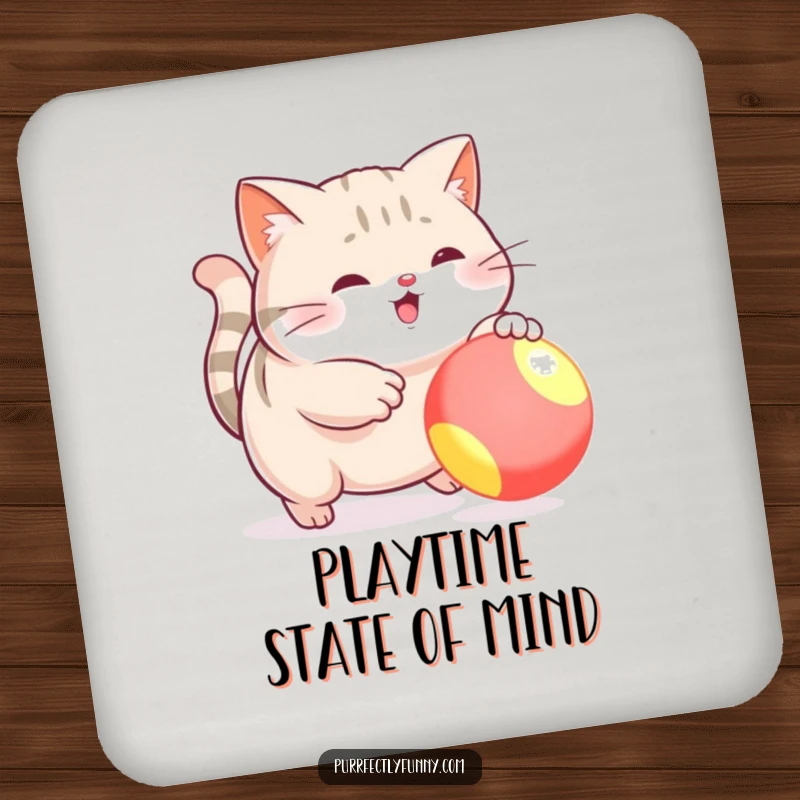 Funny coasters showcasing a plump cat's funny attempt to catch a bouncy ball, protecting surfaces with humor.