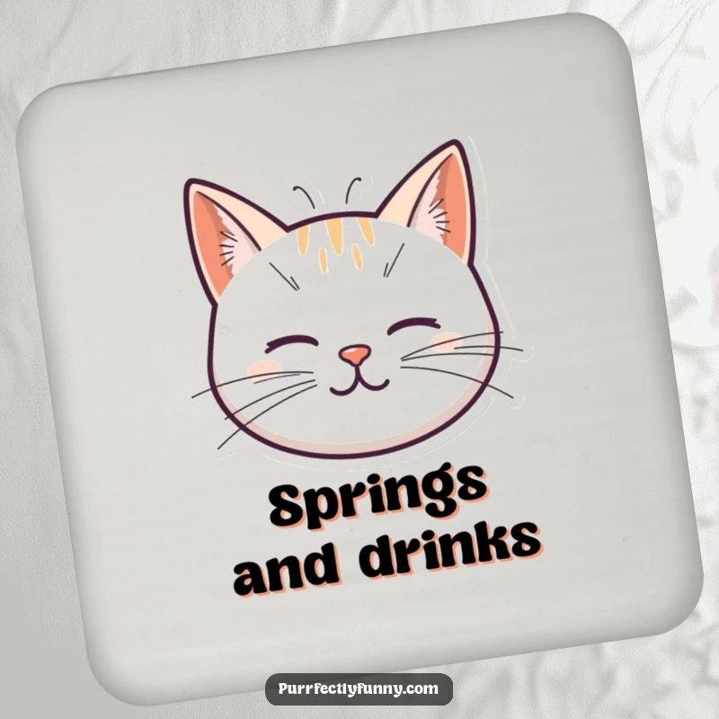 Funny drink coaster featuring a cute cat head, its whiskers comically illustrated as bouncy springs, adding a playful touch to any surface.