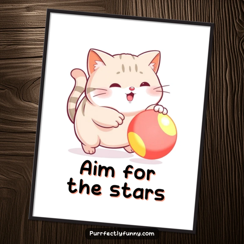 Funny poster displaying a plump cat caught in a funny moment, leaping for a bright, bouncing ball, full of action.