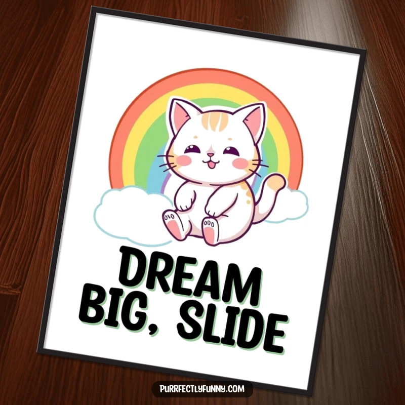 Funny cat with a happy expression, joyfully sliding down a vibrant rainbow, ideal for enchanting wall art.