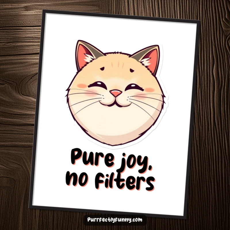 Funny art print of a round, smiling cat face with comically exaggerated, bouncy whiskers.
