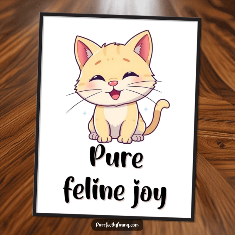 Funny poster featuring a stylized cat with whiskers elegantly spiraled into cheerful loops, capturing a moment of pure, blissful contentment.