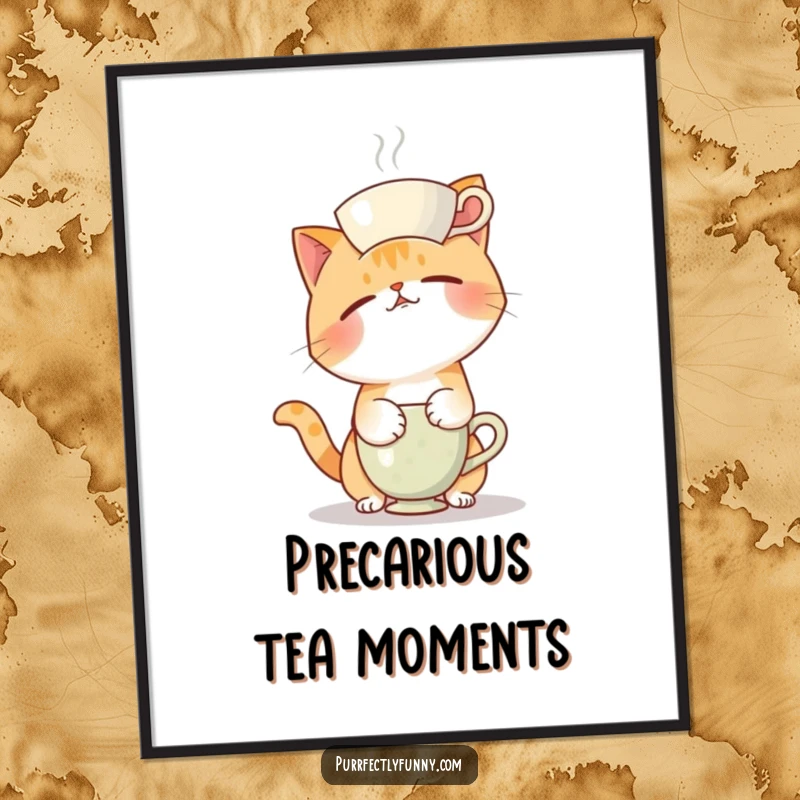 Funny poster displaying a cat in a comical, unbalanced pose, trying to keep a teacup on its head, full of mischief.