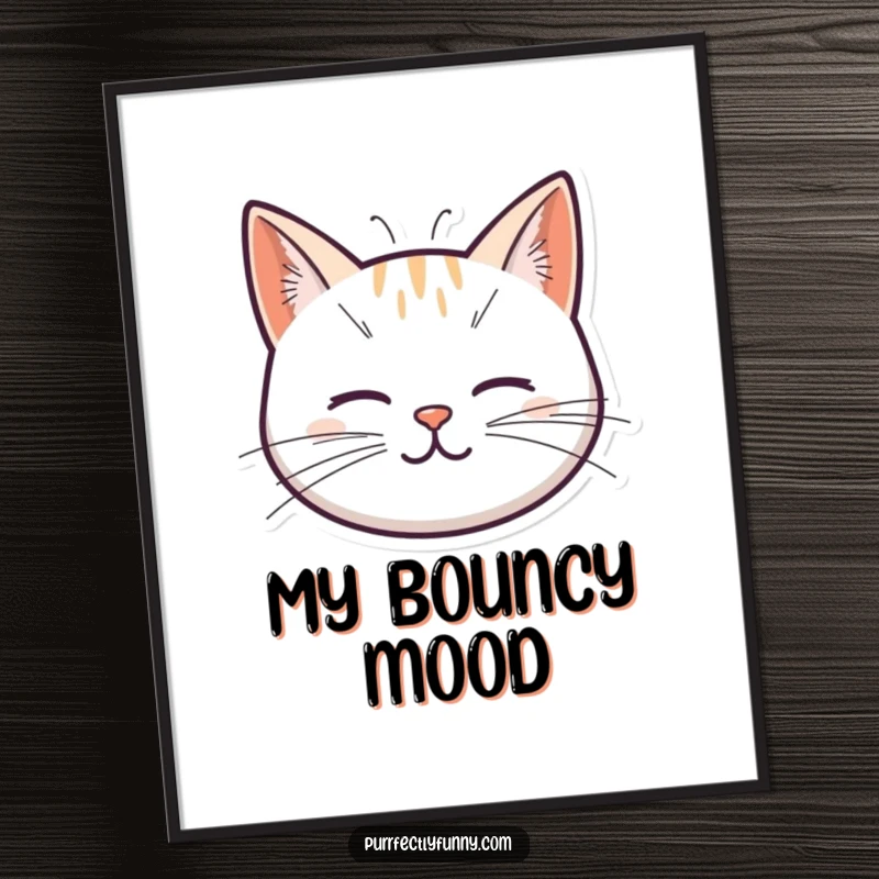 Funny poster featuring a minimalist cat head with whiskers designed as playful, coiled springs, radiating a sense of quirky animation.