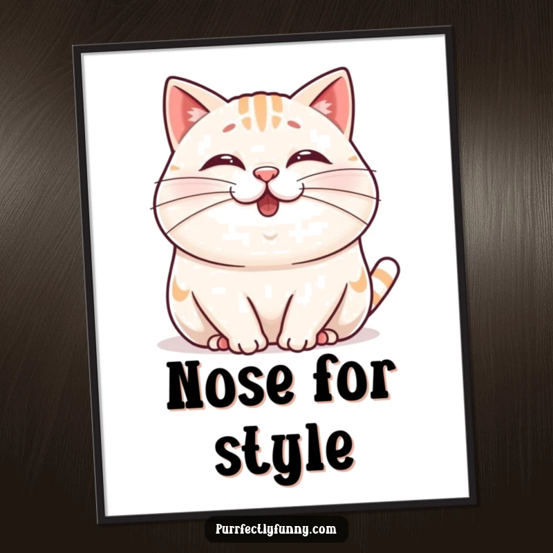 Funny Wobbly Whisker Cat Poster of a plump, cheerful cat wiggling its nose and an impossibly long whisker, adding whimsy.