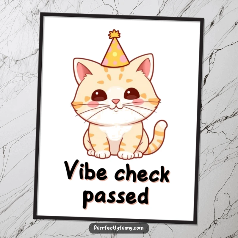 Funny Cat Poster of a cat wearing a party hat, sporting an extra-long whisker, radiating pure celebratory energy and playful charm.