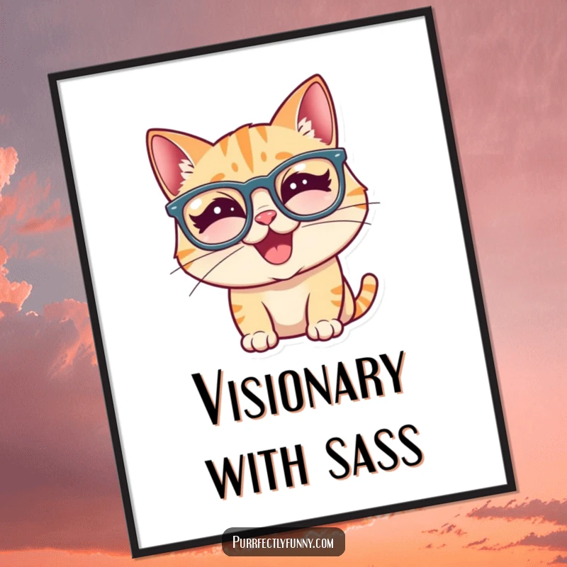 Funny cat with comically large glasses, head thrown back in a helpless giggle, perfect for humorous wall decor.