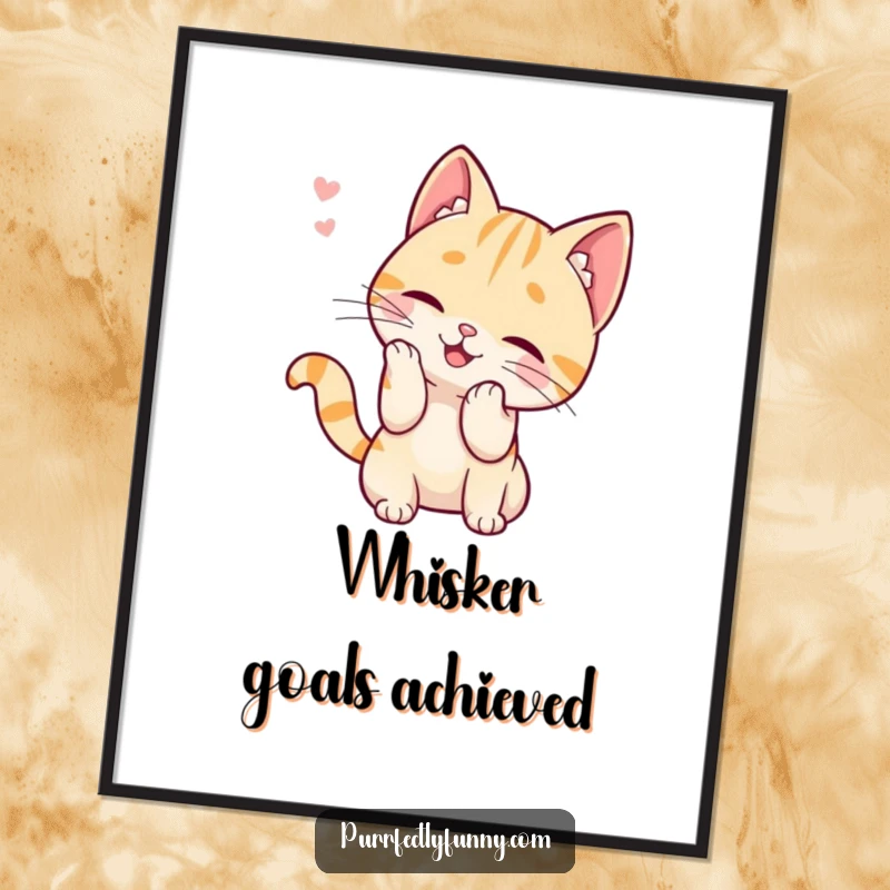 Funny poster capturing a stylized cat character in mid-batting motion towards a single, floating whisker, embodying pure playful curiosity.