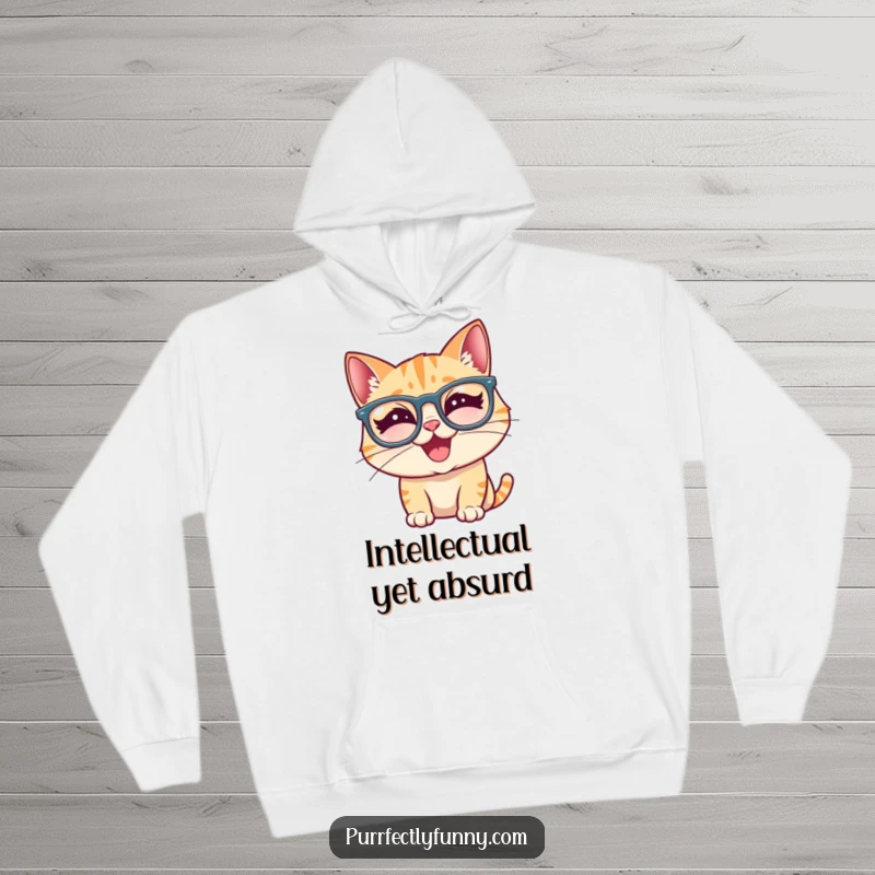 Funny, giggling cat sporting comical glasses on a warm hoodie, offering comfort and a playful, humorous vibe.