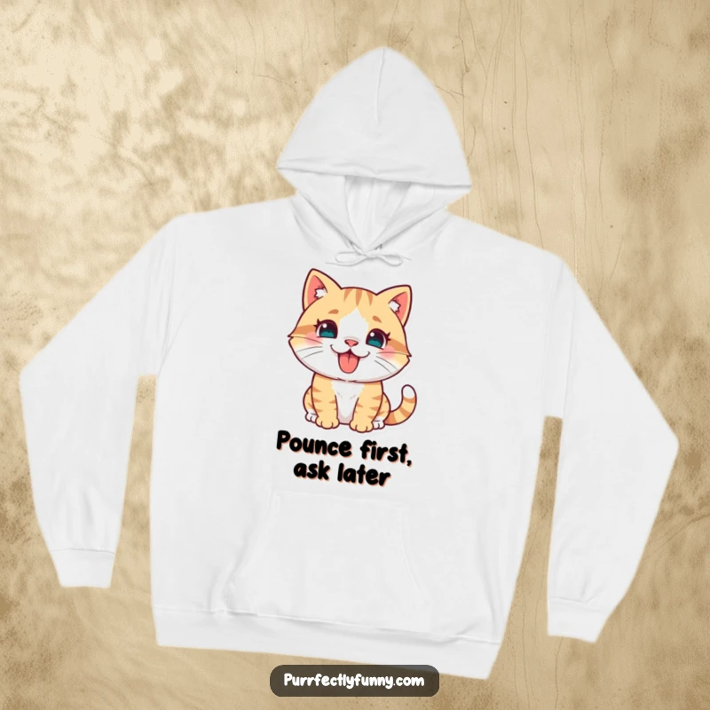 Warm hoodie featuring a humorous illustration of a cat playfully pouncing with its tongue sticking out, embodying mischief.