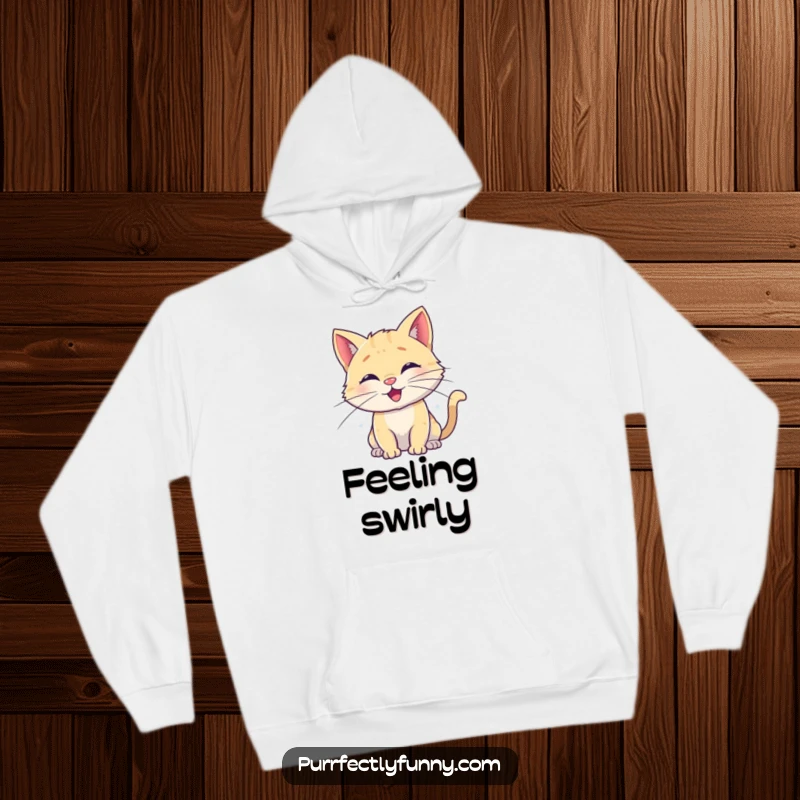 Funny hoodie showcasing a content cat whose whiskers are artistically curled into cheerful spirals, radiating warmth and playful charm.