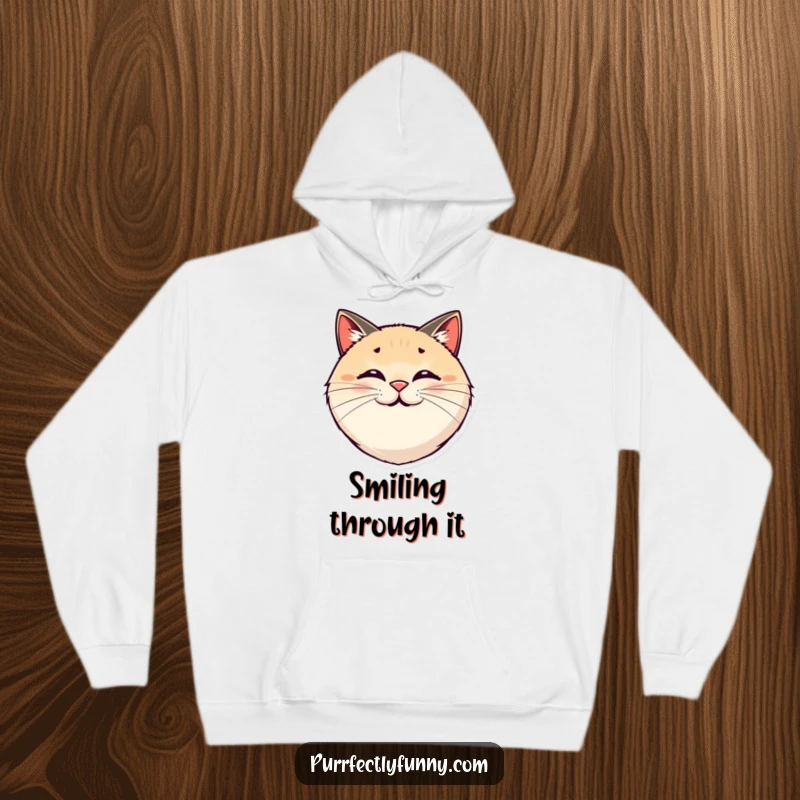 Funny warm hoodie featuring a round, smiling cat face with comically exaggerated, bouncy whiskers.