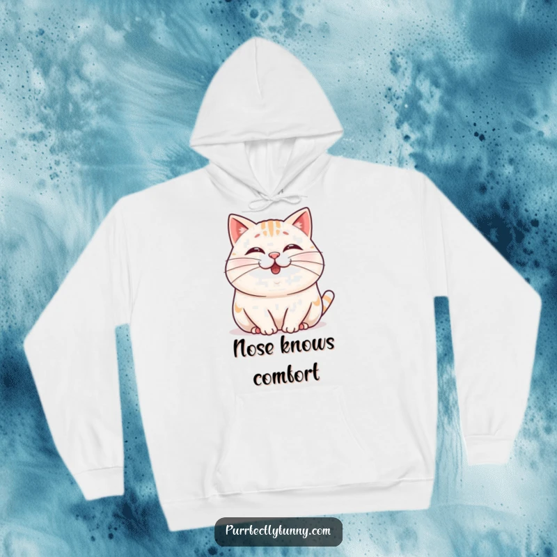Funny Wobbly Whisker Cat Hoodie featuring a plump, cheerful cat with a wobbly nose and an extra-long whisker, offering cozy humor.