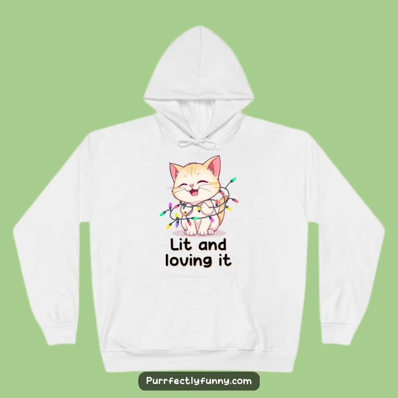 Funny Delighted Cat Lights Hoodie: Cozy Festive Tangle, Perfect Warm Humorous Gift