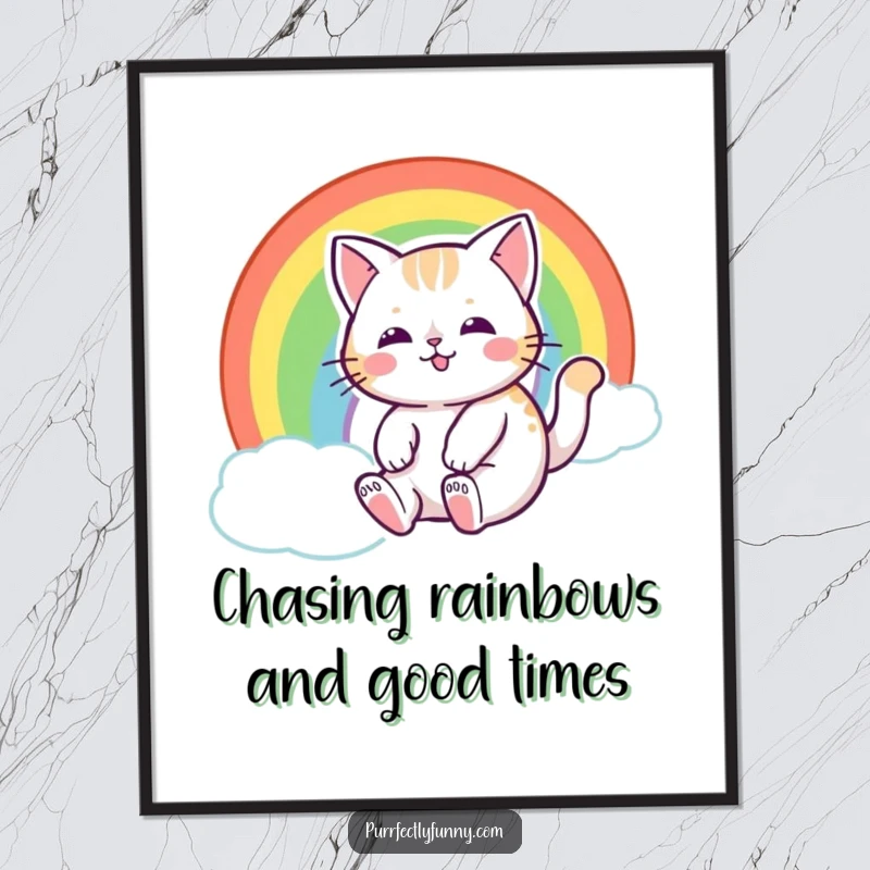 Funny Free Printable Wall Art: A cat with a joyful expression sliding down a colorful rainbow, creating a magical scene.
