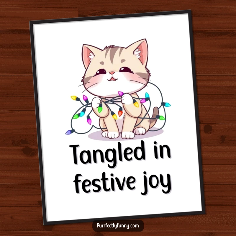 Funny Free Printable Wall Art: Amused cat tangled in a string of colorful lights, creating a humorous, festive scene.