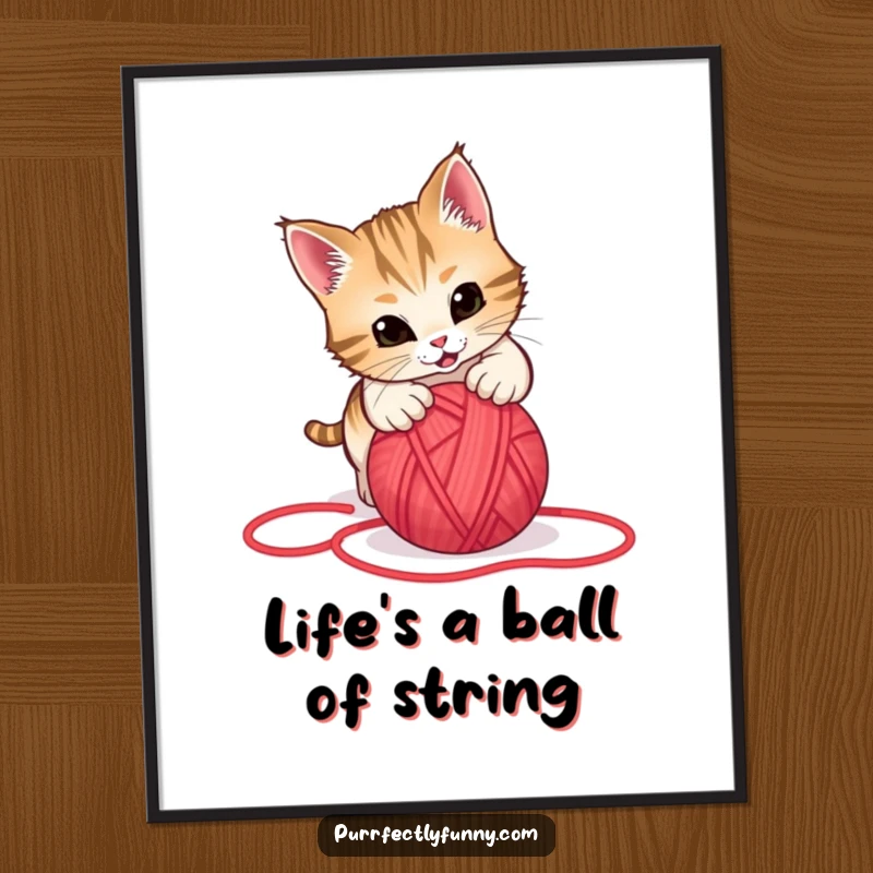Funny Free Printable Wall Art: Cat playfully pouncing on a rolling red yarn ball, a dynamic and humorous scene.