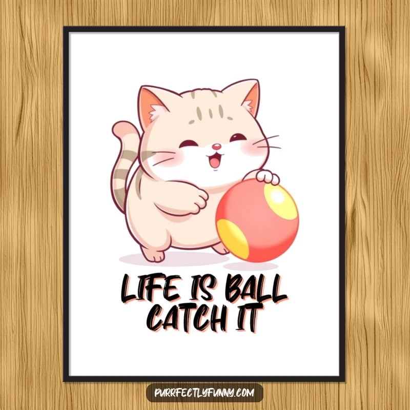 Funny Free Printable Wall Art: Plump cat comically misses ball, perfect DIY downloadable art for a laugh.