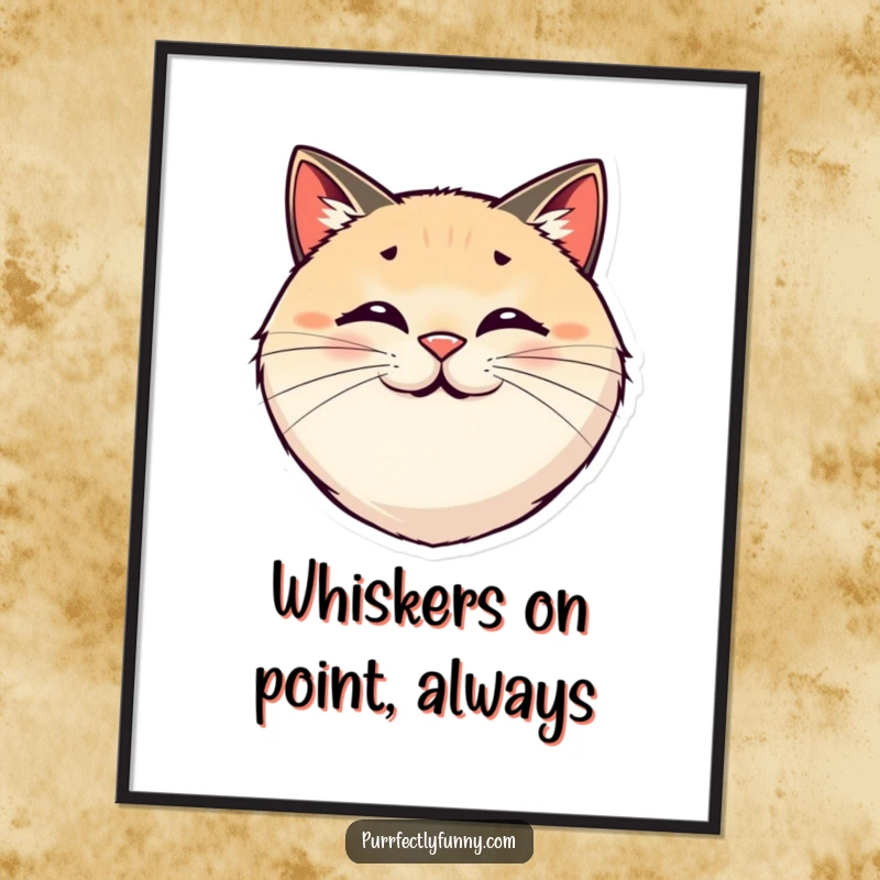 Funny Free Printable Wall Art: Round, smiling cat face with exaggerated, bouncy whiskers. Joyful and whimsical.