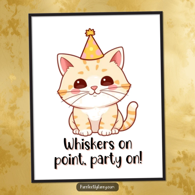 Funny Free Printable wall art: A cat wearing a tiny party hat, its long whisker adding a festive and humorous touch to the decor.