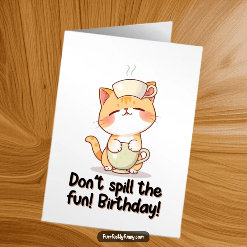 Funny Free Printable Birthday Card: Cat comically fails teacup balance, perfect DIY funny downloadable gift for birthdays.