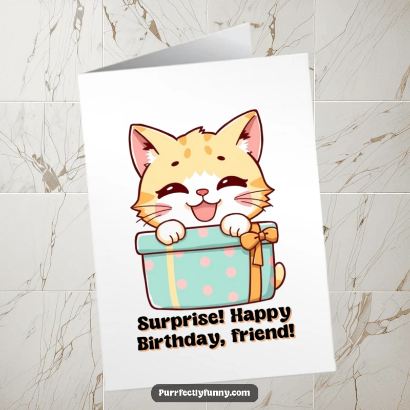 Funny Free Printable Birthday Card: Mischievous cat peeks from behind giant present, perfect DIY funny downloadable gift.