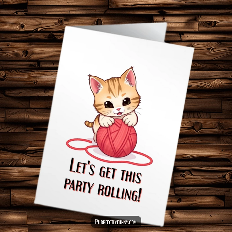 Funny Free Printable Birthday Card: Cat playfully pouncing on a bright red yarn ball rolling across the floor.