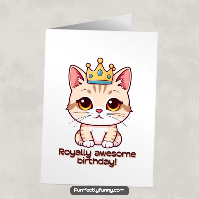 Funny Free Printable Birthday Card: A cat sits regally wearing a tiny crown, looking exceptionally proud and amused.