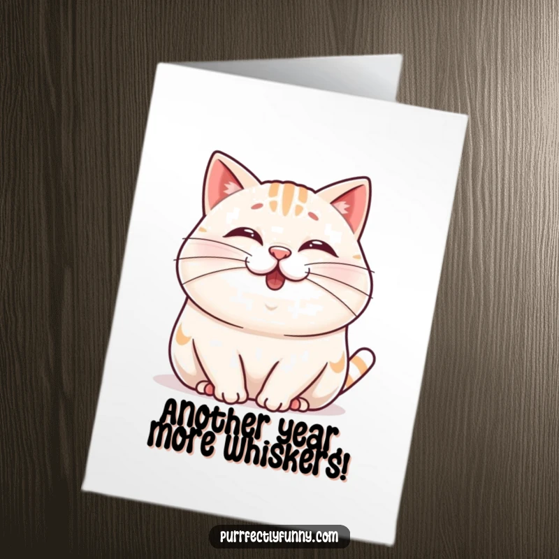 Funny Free Printable birthday card: A plump, cheerful cat character wiggling its nose with one impossibly long whisker.