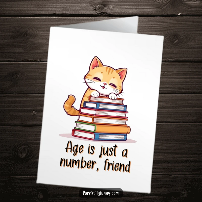 Funny Free Printable Birthday Card: A cat comically tries to balance a tall stack of books, nearly falling over.