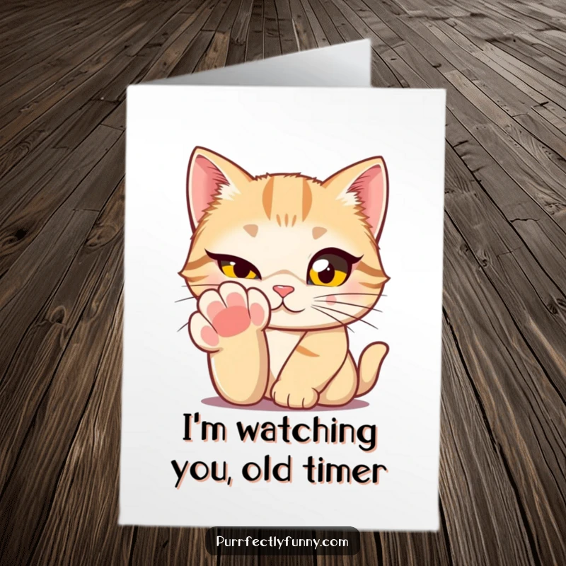 Funny Free Printable Birthday Card: A cat with huge, expressive eyes winks slyly from behind one of its paws.
