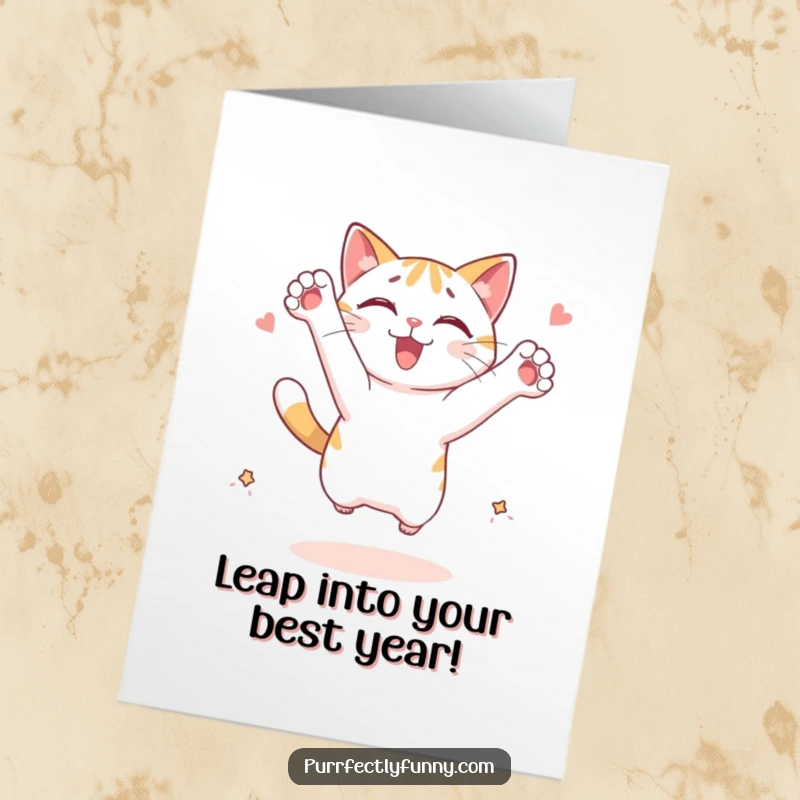 Funny Free Printable Birthday Card: Cat character enthusiastically leaping with paws outstretched towards an imaginary treat.