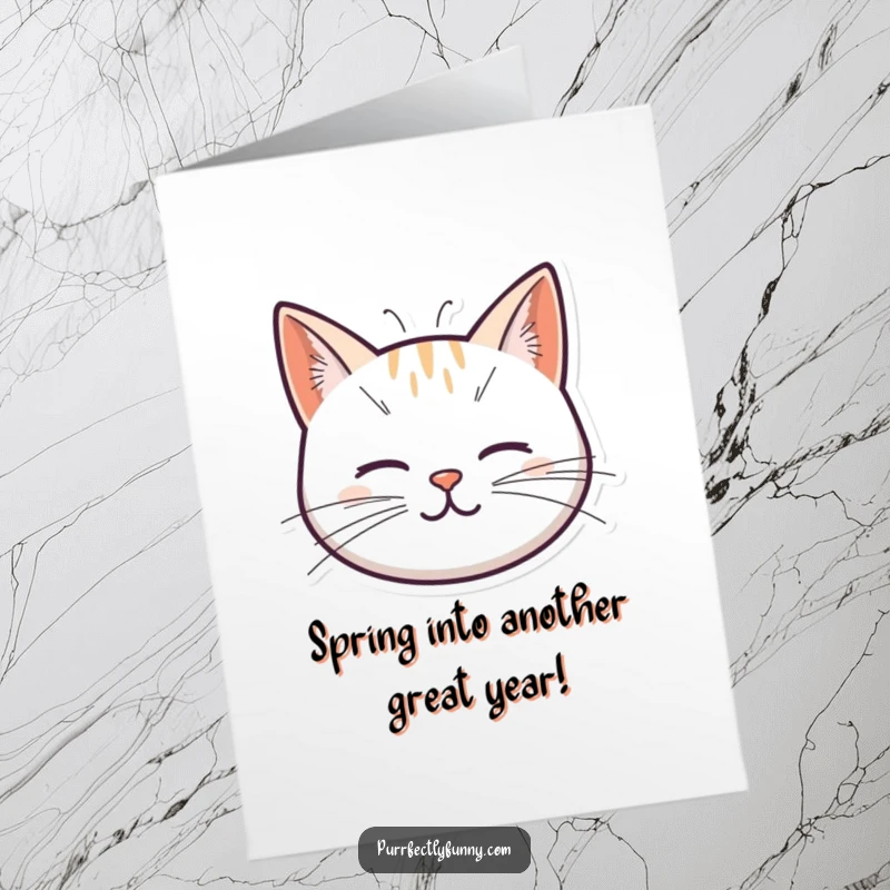 Funny Free Printable Birthday Card with a simple cat head, its whiskers comically sprouting like tiny, energetic springs.