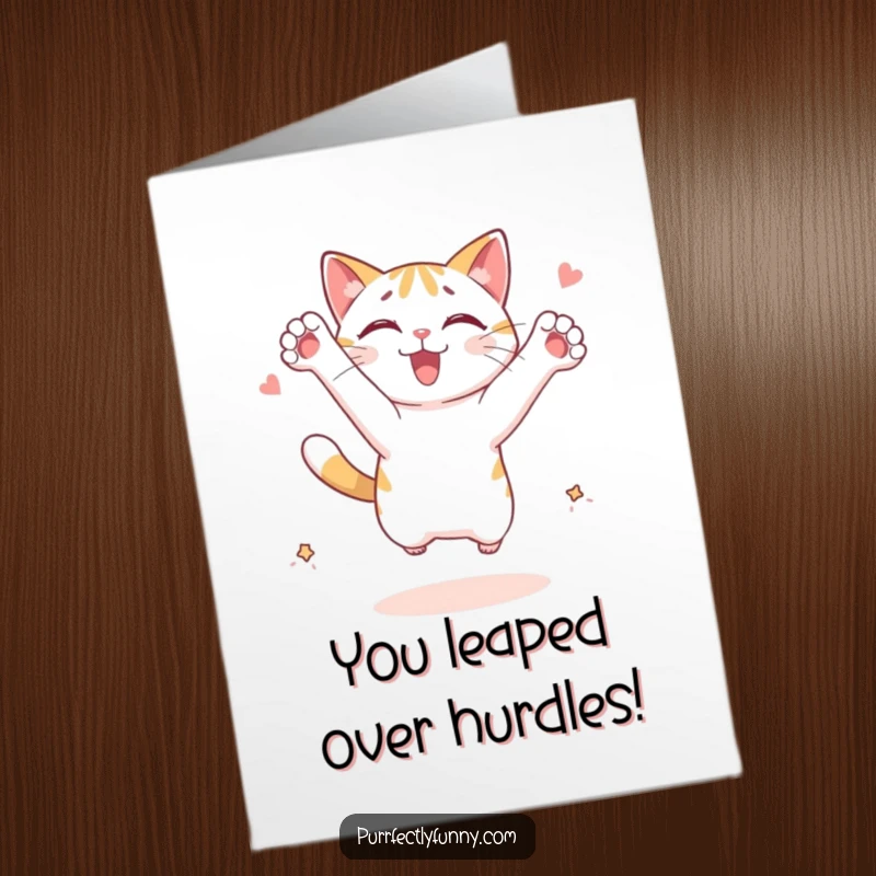 Funny Free Printable Congrats Card: Cat character leaping excitedly with outstretched paws, aiming for a goal.