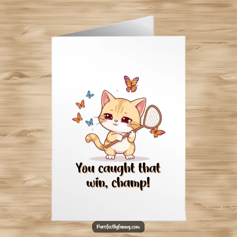 Funny Free Printable Congratulations Card: Goofy cat triumphantly holding a net with butterflies, celebrating success.