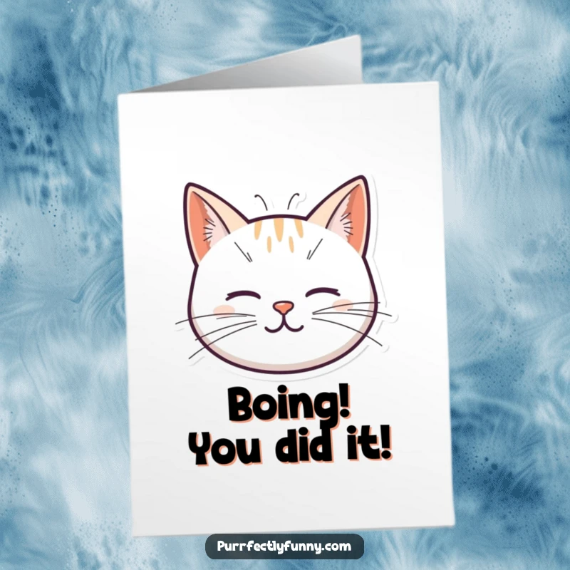 Funny Free Printable Congratulations Card featuring a cat head with whiskers that bounce and spring, signifying energetic success.