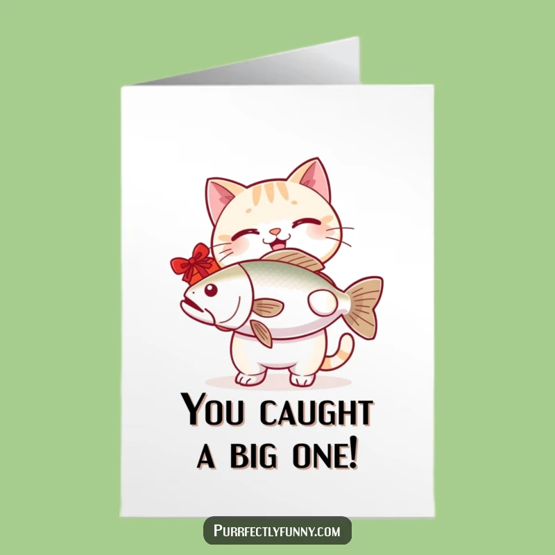 Free Printable Congrats Card: Funny Cat's Giant Fish Gift, Humorous Downloadable Greeting