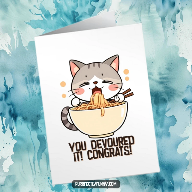 Funny Free Printable Congrats Card: Happy cat enjoys giant noodle bowl, perfect DIY funny downloadable gift.