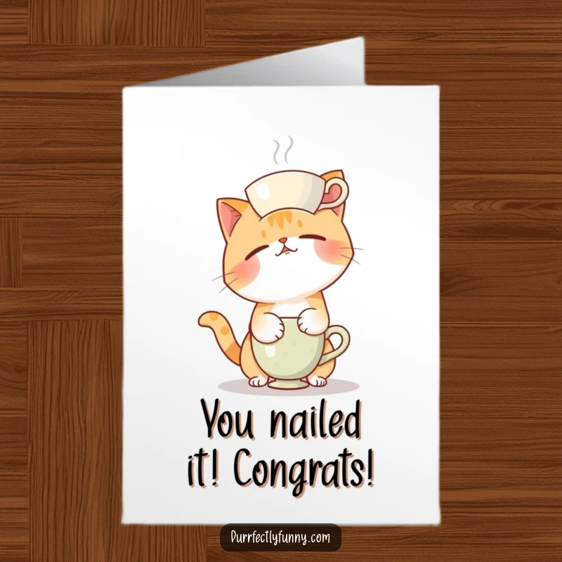 Funny Free Printable Congrats Card: Cat hilariously fails teacup balance, perfect DIY funny downloadable gift for congrats.