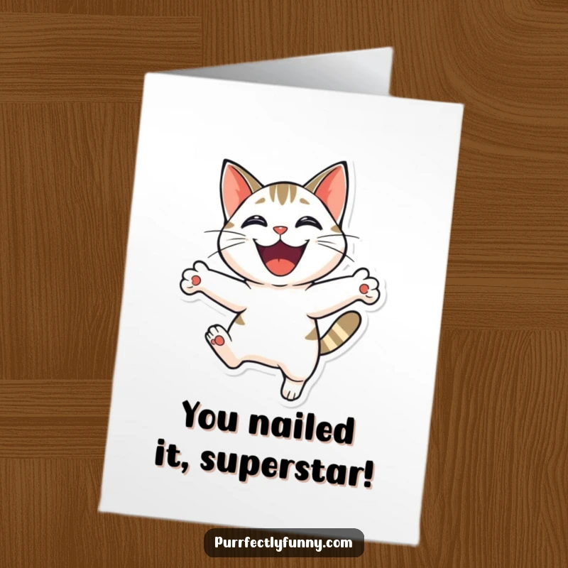 Funny Free Printable Congratulations Card: A cat gleefully leaping with a wide, happy grin, celebrating success.