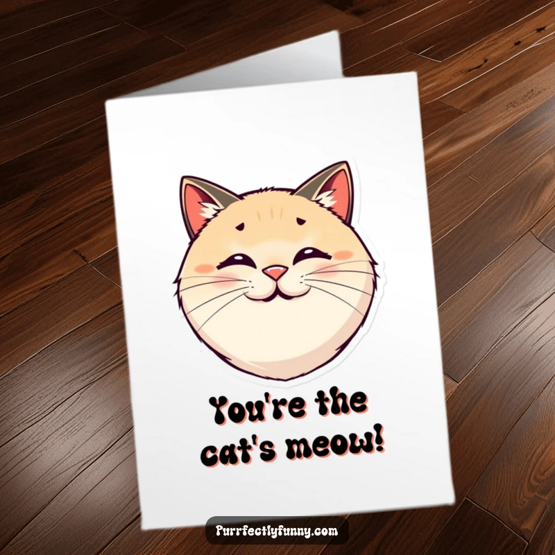 Funny Free Printable Congratulations Card: Round, smiling cat face with bouncy whiskers, expressing pure happiness. Cheerful congratulations!