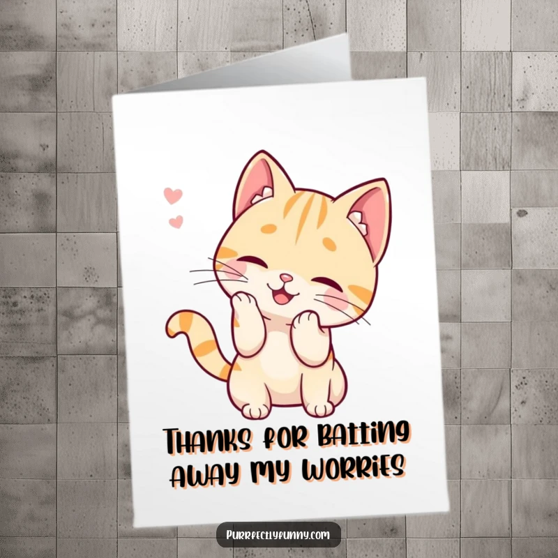 Funny Free Printable Thank You Card with a delightful cat character playfully swatting at a drifting whisker, expressing thanks.