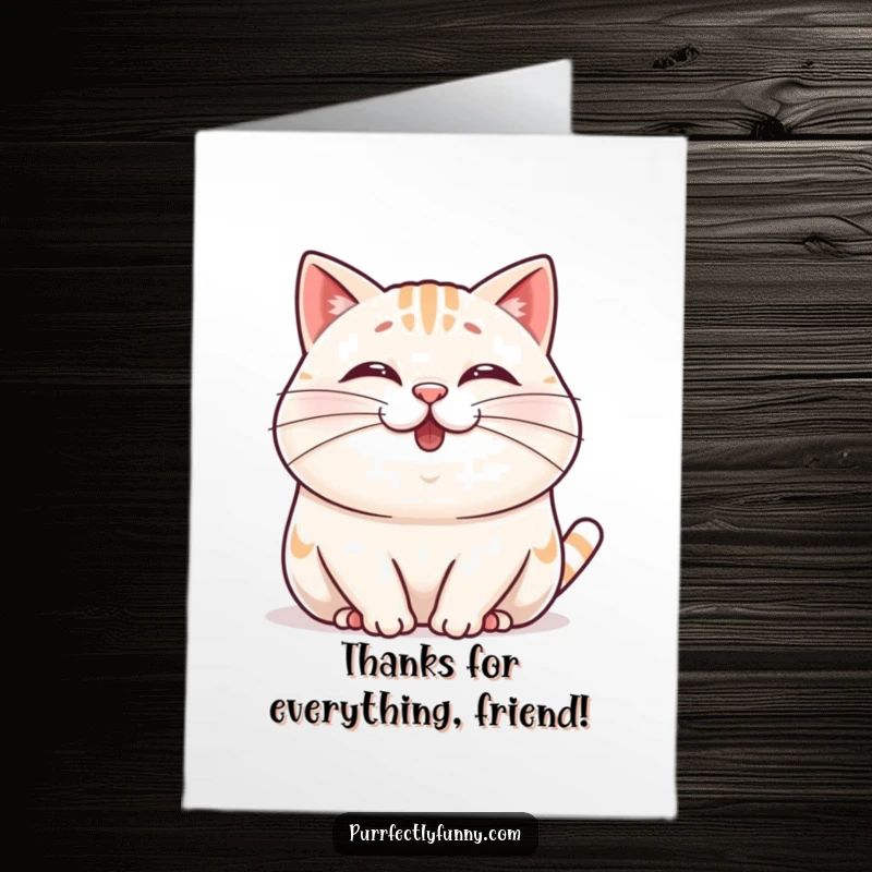 Funny Free Printable thank you card: A plump, happy cat character wiggles its nose, with a single, impossibly long whisker.