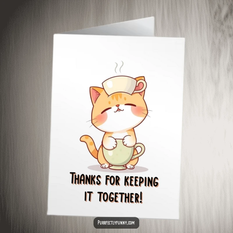 Funny Free Printable Thank You Card: Cat comically fails teacup balance, perfect DIY funny downloadable gift for thanks.