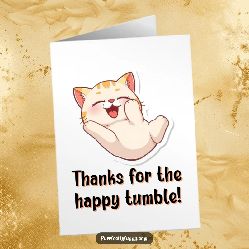 Funny Free Printable Thank You Card: A cat in a joyful, head-over-heels tumble, radiating pure happiness.