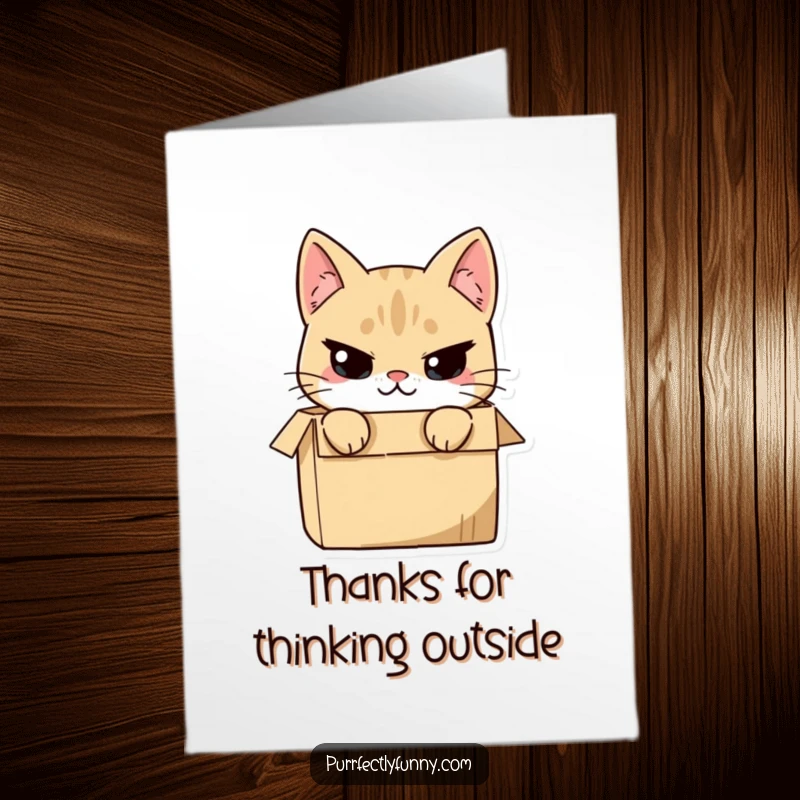 Funny Free Printable Thank You Card: A cat peeks from a box with a knowing, mischievous smirk, adding humor to thanks.