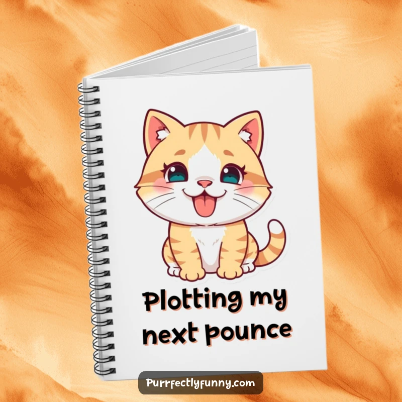 Notebook cover featuring a funny cat in a pouncing stance with its tongue playfully sticking out, ideal for jotting down ideas.