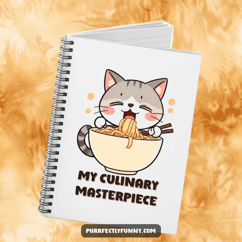 Funny notebook cover illustrating a cat's funny, blissful expression while enthusiastically slurping a large bowl of noodles, perfect for notes.