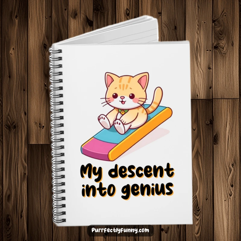 Notebook cover featuring a funny cat playfully sliding down a vibrant ramp, inspiring creative and fun note-taking.