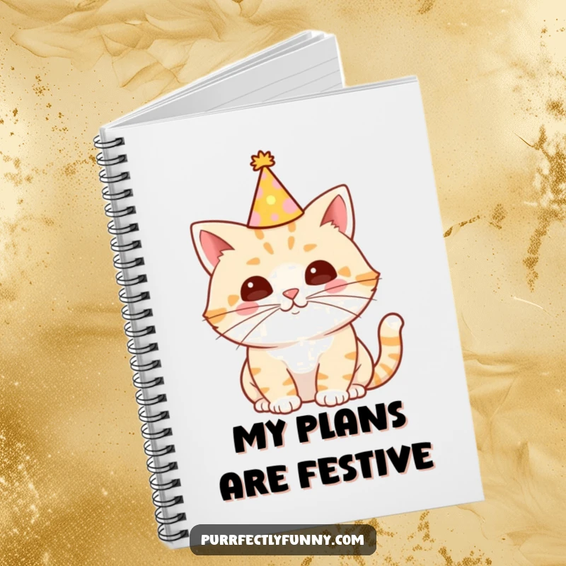 Funny Cat Notebook with a party hat and a long, festive whisker, designed for capturing notes and ideas with a humorous feline touch.